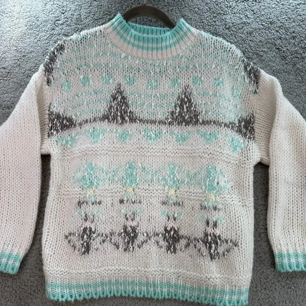 VTG Helium 80's Women's Large Knit Sweater Crew Neck White‎ / Gray / Blue